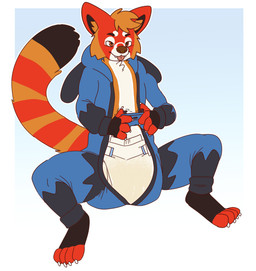 ageplay anthro big_diaper black_tail blue_onesie bodily_fluids clothed clothing controller diaper fangs front_view fur gaming genital_fluids glistening glistening_eyes gradient_background holding_controller holding_object infantilism male male_anthro markings mouth_closed onesie open_onesie orange_body orange_eyes orange_fur orange_tail playing_video_game red_tail red_tongue roleplay simple_background sitting solo striped_markings striped_tail stripes tail tail_markings teeth tongue tongue_out unclean_diaper urine used_diaper wearing_diaper wet_diaper white_body white_fur hardscales ailurid mammal red_panda hi_res