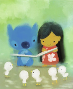 beak black_hair blue_body blue_nose blush chibi claws clothing dress female group hair long_hair male muumuu shirt standing topwear white_body rizzyfig disney lilo_and_stitch lilo_pelekai stitch_(lilo_and_stitch) alien anatid anseriform avian bird duck experiment_(lilo_and_stitch) human mammal 2020 hi_res