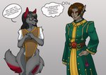 anthro clothed clothing dialogue duo eyewear female glasses male male/female poncho poncho_only red_ears robe seductive skimpy speech_bubble thought_bubble wide_hips scotik_productions bethesda_game_studios microsoft morrowind the_elder_scrolls nerevarine sanguinarywolf canid canine canis dark_elf dunmer elf humanoid mammal wolf absurd_res hi_res