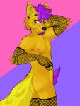 anthro clothed clothing erection facial_hair fishnet_clothing fur genitals goatee hair looking_back male naughty_face partially_clothed penis piercing short_hair toony yellow_body yellow_fur gumiboie varu canid canine canis dingo fox hybrid mammal 2019 digital_media_(artwork) hi_res