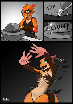 anthro areola biped black_clothing breasts clothed clothed_to_nude clothing double_iris eyewear female genitals goggles mutating navel nipples non-mammal_breasts non-mammal_navel non-mammal_nipples non-mammal_vulva nude onomatopoeia orange_body shadow simple_background solo sound_effects text thick_thighs torn_clothing vulva wardrobe_malfunction pink_prawn demon_core shadow_hands_challenge kobold scalie absurd_res comic hi_res