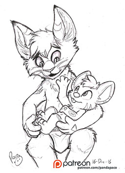 anthro clothed clothing duo glistening glistening_eyes holding_another logo male markings mouth_closed neonate nude open_mouth patreon_logo simple_background sitting teeth text topless young young_anthro young_male pandapaco patreon chopper_atbong felid mammal mouse murid murine rodent 2016 artist_logo dated signature sketch spot_color url
