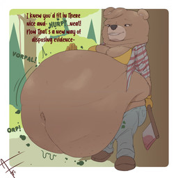 abdominal_bulge ambiguous_gender ambiguous_prey anthro axe belly big_belly blood bodily_fluids bottomwear bra breasts cleavage clenched_teeth clothed clothing dialogue digestion digestion_noises evil_grin fangs female footwear fur gloves hair handwear holding_axe holding_object huge_belly hyper hyper_belly narrowed_eyes navel obese obese_anthro obese_female open_clothing open_shirt open_topwear overweight overweight_anthro overweight_female panties pants shirt shoes smile solo teeth text topwear underwear vore afraart beneath_the_trees_where_nobody_sees samantha_strong bear mammal 1:1 2025 hi_res signature