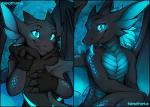 anthro blue_eyes blue_tongue blush claws clothing glowing hair horn looking_at_viewer male multiple_poses pose sleeveless_clothing smile solo tongue tongue_out wings neotheta mythology theo_(neotheta) dragon mythological_creature mythological_scalie reptile scalie 2016 portrait three-quarter_portrait