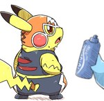 ambiguous_gender bottle clothing container cosplay_pikachu_(costume) dipstick_ears duo ear_markings mask multicolored_ears open_mouth semi-anthro simple_background solo_focus water_bottle yellow_body tatu_wani_(artist) nintendo pokemon pikachu_libre generation_1_pokemon pikachu pokemon_(species) 2023 hi_res