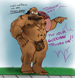 5_fingers 5_toes armpit_hair balls belly biceps big_balls big_penis body_hair brown_body brown_hair brown_nipples brown_penis brown_skin chest_hair dialogue eyebrows feet fingers flaccid foreskin genitals hair hairy hairy_balls humanoid_genitalia humanoid_penis inflatable inner_tube male manly musclegut muscular nails navel nipples not_furry nude nudist pecs penis pubes public solo standing tattoo text thick_penis toenails toes tusks sinfulspikes humanoid orc absurd_res english_text hi_res