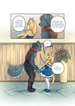 anthro bunbunart canid canine canis clothing comic dialogue english_text eye_contact felid feline graphic_novel hi_res laundry laundry_basket legwear looking_at_another maid_uniform mammal scarf speech_bubble tail tail_motion tailwag text thigh_highs uniform wolf