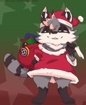 anthro barefoot black_eyes brown_body brown_fur christmas_clothing christmas_headwear clothing feet fur gift grey_body grey_fur hair hat headgear headwear holidays looking_at_viewer markings santa_hat short_stack smile smiling_at_viewer solo standing star striped_markings striped_tail stripes tail tail_markings tuft white_body white_fur dah_showstopperz christmas miko's_trash_can mammal procyonid raccoon absurd_res hi_res