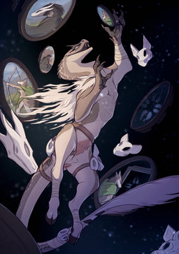 2_horns 3_fingers 4_horns accessory ambiguous_anthro ambiguous_feral ambiguous_gender animal_genitalia animal_vulva anthro arrow_(weapon) back_spines belt biped black_body black_hooves black_scales blue_sclera bottomwear bow_(weapon) brown_body brown_fur brown_markings cervine_genitalia cervine_vulva chest_wraps claws cloak clothed clothing cloven_hooves countershade_face countershade_fur countershade_legs countershade_neck countershade_scales countershade_tail countershade_torso countershading cracked_glass dewclaw_hooves dipstick_tail empty_eyes facial_markings fangs female female_feral feral fingers floating fur genitals green_bottomwear green_cloak green_clothing green_skirt grey_body grey_countershading grey_scales group handpaw harness head_markings head_spines holding_mirror holding_object hooves horn leather leather_strap leg_wraps long_tail looking_aside looking_at_another looking_at_mirror looking_at_object low-angle_view markings mask mask_(marking) mirror multi_horn multi_teat multicolored_body neck_spines neck_tuft open_mouth partially_clothed partially_clothed_ambiguous partially_clothed_anthro paws pink_vulva quadruped raised_leg ranged_weapon rear_view scales scutes side_view sitting skirt solo_focus space spines spots spotted_body spotted_markings spotted_scales spotted_tail standing star straps striped_markings striped_tail stripes tail tail_markings tail_tuft tail_wraps tan_body tan_countershading teats teeth three-quarter_view tuft two_tone_body vulva weapon white_body white_countershading white_fur white_markings white_mask wraps lizet mythology alyssa_(lizet) itzali_(lizet) piper_(lizet) xayakoh canid canine canis coyote deity dragon gilded_dragon lantern_worm mammal mythological_creature mythological_scalie questing_beast scalie 2024 digital_media_(artwork) full-length_portrait hi_res portrait shaded female_(lore)
