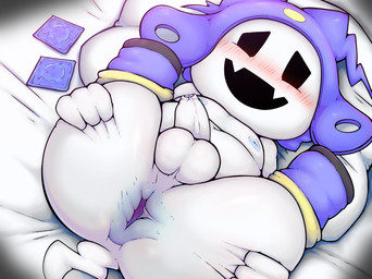 areola balls bed blush boots butt clothing condom footwear foreskin furniture genitals hat headgear headwear legs_up looking_at_viewer lying male nipples nude on_back on_bed on_pillow open_mouth penis pillow sexual_barrier_device shoes smile solo spread_legs spreading tail teeth white_body yamausagi0619 atlus megami_tensei persona_(series) sega jack_frost_(megami_tensei) demon demon_humanoid humanoid imp 2024 hi_res