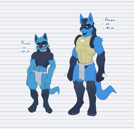 abs age_difference anthro asian_clothing biceps black_body blue_body bulge chest_spike claws clothed clothing duo east_asian_clothing fundoshi fundoshi_only japanese_clothing larger_anthro larger_male male multicolored_body muscular muscular_anthro muscular_male older_male pecs size_difference smaller_anthro smaller_male smile spikes spikes_(anatomy) stated_age stated_height tail toe_claws topless underwear underwear_only younger_male kakhao nintendo pokemon aaza_(kakhao) kaai_(kakhao) generation_4_pokemon lucario pokemon_(species) riolu absurd_res hi_res model_sheet brother_(lore) brothers_(lore) sibling_(lore)