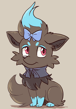 3_toes accessory ambiguous_gender black_nose blue_body blue_bow blue_fur bow_accessory bow_ribbon brown_background cheek_tuft ear_tuft facial_markings facial_tuft feet feral fur grey_body grey_fur grey_inner_ear hair_accessory hair_bow hair_ribbon head_markings leg_markings leg_tuft mane markings pink_eyes pointy_ears prick_ears quadruped ribbons simple_background snout socks_(marking) solo toes tuft shellyochunks nintendo pokemon tales_of_tabira alice_tamamo generation_5_pokemon pokemon_(species) shiny_pokemon zorua 2015 trans_(lore) trans_woman_(lore) young_(lore)