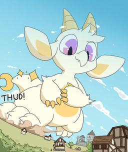 anthro building claws featureless_crotch hand_on_chest horn house looking_down macro pink_eyes raised_foot semi-anthro yellow_claws yellow_horn listrymistery chikn_nuggit mythology fwench_fwy_(chikn_nuggit) dragon mythological_creature mythological_scalie scalie 2023 absurd_res hi_res nonbinary_(lore)