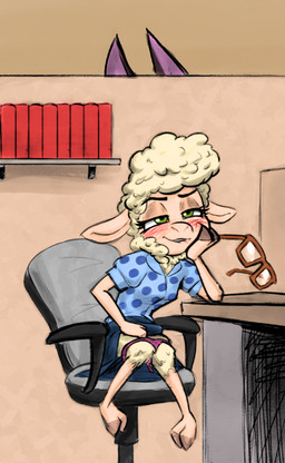 anthro blush book clothed clothing desk eyewear female fingering fingering_self furniture glasses half-closed_eyes masturbation narrowed_eyes office panties panties_down partially_clothed shelf sitting solo table underwear underwear_down unprofessional_behavior soulcentinel squitoo disney zootopia dawn_bellwether bovid caprine mammal sheep 2025