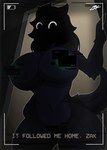 anthro big_breasts black_eyes breasts creepy_face darkness door female glitch looking_at_viewer solo tail text zak_hitsuji nila_(zak_hitsuji) canid canine canis mammal wolf absurd_res english_text hi_res