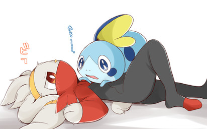 3_fingers ambiguous_gender ambiguous_on_top anthro blue_body blue_eyes duo female female_on_bottom fingers on_bottom on_top open_mouth semi-anthro simple_background white_background prrrrrrmine nintendo pokemon generation_8_pokemon pokemon_(species) raboot sobble hi_res