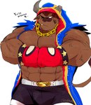 anthro bottomwear boxing_gloves brown_body brown_fur bulge chain_necklace clothing fur handwear hooded_cloak horn jewelry male muscular muscular_anthro muscular_male necklace pecs shirtless shorts solo text vein veiny_muscles hyaku_(artist) capcom street_fighter balrog_(street_fighter) bison bovid bovine mammal hi_res japanese_text translation_request