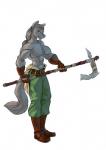 abs anthro armor axe battle_axe boots bracers brown_eyes clothed clothing footwear fur gloves grey_body grey_fur hair handwear long_hair looking_at_viewer male melee_weapon muscular muscular_anthro muscular_male poleaxe ponytail shoes solo standing weapon doedog canid canine canis mammal wolf hi_res