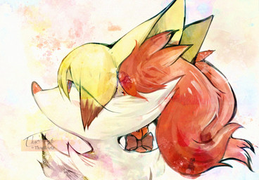 ambiguous_anthro ambiguous_gender anthro arm_tuft bangs braided_fur cheek_tuft ears_back eyelashes eyelashes_through_hair facial_tuft fur hair inner_ear_fluff multicolored_body multicolored_fur pink_nose pivoted_ears pointy_ears prick_ears red_body red_eyes red_fur red_inner_ear_fluff shoulder_tuft side_view simple_background solo tapering_snout textured_background translucent translucent_hair tuft white_body white_fur yellow_body yellow_fur thwillartz nintendo pokemon pardonne braixen canid generation_6_pokemon mammal pokemon_(species) 2026 bust_portrait colored dated digital_media_(artwork) digital_painting_(artwork) english_description hi_res painting_(artwork) portrait shaded signature female_(lore)
