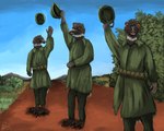 anthro armor army_uniform australia blue_sky dirt_road feet great_emu_war group headgear helmet male mountain plant shrub sky talons toes tree trio yenocwolf birdtember avian bird emu ratite 5:4 absurd_res hi_res