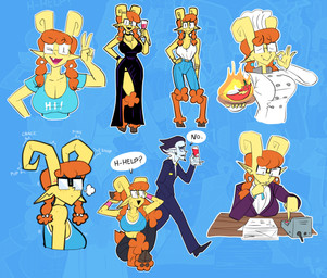 2_horns 5_fingers alcohol barefoot beaded_jewelry beaded_necklace beads belt beverage big_breasts black_bottomwear black_choker black_clothing black_dress black_footwear black_hair black_jacket black_jewelry black_necklace black_pants black_shoes black_topwear black_wristband blue_background blue_belt blue_body blue_bottomwear blue_bra blue_clothing blue_jeans blue_pants blue_shirt blue_skin blue_topwear blue_underwear bodily_fluids bottomwear bra breasts breath chef chef_hat chef_uniform choker cleavage clothed clothing container cross-popping_vein cup curved_horn curvy_figure denim denim_bottomwear denim_clothing dialogue dress drinking_glass ear_piercing ear_ring eyebrow_through_hair eyebrows eyes_closed eyewear facial_hair feet female fingers fire food footwear freckled_face freckled_legs freckled_shoulders freckled_thighs freckles frown fruit fully_clothed fur furniture gesture glass glass_container glass_cup glasses goatee hair hand_gesture hand_in_pocket hand_on_hip happy hat headgear headwear holding_container holding_cup holding_drinking_glass holding_object holding_plate holding_wine_glass horn horn_jewelry horn_ring hourglass_figure jacket jeans jewelry looking_at_another looking_at_viewer midriff multicolored_hair navel necklace one_eye_closed open_frown open_mouth open_smile orange_body orange_fur orange_hair outline pants paper paper_stack pepper_(fruit) piercing pigtails pink_tongue pink_wristband plant pockets rectangular_glasses ring_(jewelry) ring_piercing scut_tail shirt short_tail simple_background simple_eyes skull_piercing slim slim_humanoid slim_male slit_dress small_waist smile snaggle_tooth speech_bubble sports_bra standing stretching suit sweat table tail talking_to_another text text_on_clothing text_on_shirt text_on_topwear tongue topwear translucent translucent_hair two_tone_hair underwear v_sign walking wearing_glasses white_clothing white_hair white_hat white_headwear white_outline white_shirt white_topwear wine wine_glass wink yellow_body yellow_skin lobsteritus amber_(lobsteritus) midas_(lobsteritus) animal_humanoid demon demon_humanoid humanoid mammal mammal_humanoid satyr 2022 absurd_res digital_media_(artwork) english_text flat_colors hi_res multiple_images