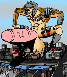 anthro armor balls big_balls big_penis building building_destruction destruction erection fur genitals headgear helmet huge_balls huge_penis humanoid_genitalia humanoid_penis hyper hyper_balls hyper_genitalia hyper_penis macro macro_male male penis solo vein veiny_penis yellow_body yellow_fur rebbythewolf hot_wheels_battle_force_5 captain_kalus felid lion mammal pantherine