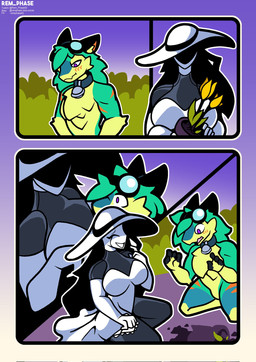 anthro armwear bell bell_collar big_breasts black_body black_bodysuit black_clothing black_fur black_latex black_skinsuit bodysuit breasts clothed clothed_female clothed_human clothing collar dress duo elbow_gloves eyewear eyewear_on_head featureless_crotch female flower fur gloves goggles goggles_on_head green_body green_fur green_hair hair handwear hat headgear headwear latex latex_bodysuit latex_clothing latex_skinsuit male multicolored_body multicolored_fur nude_anthro nude_male plant purple_eyes skinsuit sun_hat text tight_clothing wearing_hat white_armwear white_body white_clothing white_dress white_elbow_gloves white_gloves white_handwear yellow_body yellow_fur rem_phase nova_(rem_phase) zeneon_(floof_boii) human mammal novabeast 2025 comic digital_media_(artwork) hi_res