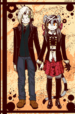 abstract_background alternative_fashion anthro belt bottomwear clothed clothing duo eye_contact eyewear female glasses hand_holding interspecies legwear looking_at_another male male/female romantic romantic_couple skirt stockings pinkyfreak canid canine canis domestic_dog haplorhine mammal monkey primate unknown_species digital_media_(artwork) hi_res oekaki