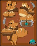 anthro big_breasts big_butt bottomwear bread breast_scar breasts brown_background brown_body brown_clothing brown_dress butt cleavage clothed clothing dot_eyes dress eyebrows eyelashes female food holding_knife holding_object huge_breasts huge_butt knife loincloth short_stack simple_background simple_eyes sitting solo tail text thick_eyebrows treasure_chest srgreja_(artist) food_creature kobold scalie brown_theme english_text hi_res