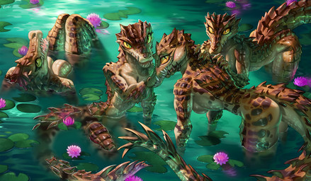 anthro biped breasts butt claws countershade_torso countershading featureless_breasts female fingers front_view group hanging_breasts looking_at_viewer lying medium_breasts nude nude_anthro nude_female on_back rear_view scales smile standing tail teeth water wet wet_body fivel crocodile crocodilian reptile scalie 2026 digital_drawing_(artwork) digital_media_(artwork)
