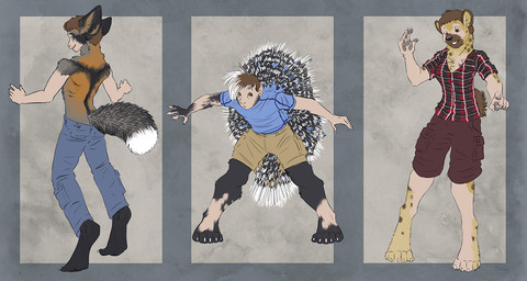 black_body black_fur black_nose bottomwear breasts brown_hair butt clothed clothing digitigrade female fur group hair human_to_anthro looking_at_viewer looking_back looking_back_at_viewer male mid_transformation pants pawpads shirt short_hair shorts smile species_transformation spikes standing tan_body tan_fur topless topwear transformation sabretoothed_ermine canid canine fox human hyena mammal porcupine rodent 2015