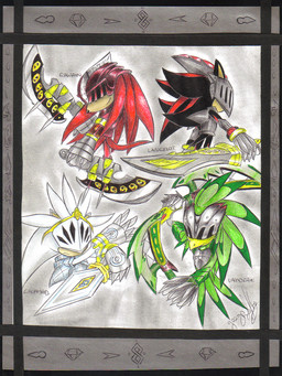 anthro armor beak black_body black_fur clothing dagger fur gauntlets gloves green_body group handwear headgear helmet knight male mast melee_weapon red_body sword tail warrior weapon white_body the_real_shadow sega sonic_and_the_black_knight sonic_riders sonic_storybook_series sonic_the_hedgehog_(series) jet_the_hawk knuckles_the_echidna shadow_the_hedgehog silver_the_hedgehog sir_galahad_(sonic_and_the_black_knight) sir_gawain_(sonic_and_the_black_knight) sir_lamorak_(sonic_and_the_black_knight) sir_lancelot_(sonic_and_the_black_knight) accipitrid accipitriform avian bird echidna eulipotyphlan hedgehog mammal monotreme