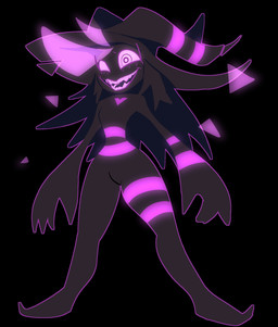 black_background black_body black_hair clothing female glowing glowing_eyes glowing_teeth hair hat headgear headwear long_hair multicolored_body open_mouth outline purple_outline sharp_teeth simple_background smile solo standing teeth renigma humanoid hi_res