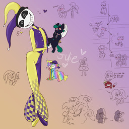 ambiguous_feral ambiguous_gender ambiguous_humanoid black_body black_sclera bodily_fluids bottomwear clothed clothed_human clothed_humanoid clothing clown clown_costume clown_hat dialogue directional_arrow female female_human feral gradient_background green_hair green_hooves green_tail grin hair head_tilt heart_nose heart_symbol heterochromia holding_another hooves jewelry looking_at_another looking_at_viewer male male_human multicolored_body multicolored_clothing multicolored_jewelry multicolored_necklace necklace neonate open_mouth pants pattern_bottomwear pattern_clothing pattern_pants pink_eyes pink_nose pupils quadruped rainbow_body rainbow_jewelry rainbow_necklace rainbow_symbol simple_background sitting size_difference smile striped_bottomwear striped_clothing striped_pants stripes tail talking_to_another technicolor_yawn teeth text transformation two_tone_clothing two_tone_hat vomiting white_body white_eyes yellow_tail young young_ambiguous young_feral julie_(artist) fluffy_pony fluffy_pony_(species) human humanoid mammal 1:1 2023 artist_name digital_media_(artwork) english_description english_text hi_res