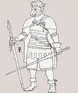 anthro armor clothed clothing dual_wielding fantasy feathers holding_melee_weapon holding_object holding_sword holding_weapon horn looking_away male melee_weapon polearm simple_background solo spear sword text weapon dragon_passant dungeons_and_dragons hasbro mythology wizards_of_the_coast fan_character dragon dragonborn_(dnd) mythological_creature mythological_scalie reptile scalie absurd_res digital_media_(artwork) hi_res model_sheet