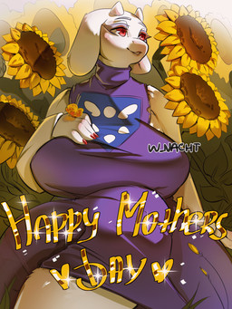 2_horns 5_fingers anthro big_breasts breasts clothed clothing colored_nails eyebrows eyelashes female fingers floppy_ears flower fully_clothed fur holidays horn mature_female nails plant purple_clothing purple_robe red_eyes red_nails robe slightly_chubby smile solo sunflower text white_body white_fur winter_nacht mother's_day undertale_(series) toriel arthropod boss_monster_(undertale) bovid butterfly caprine goat insect lepidopteran mammal 2026 3:4 animated artist_name hi_res