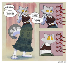 anthro bottomwear breasts clothed clothed_anthro clothed_female clothing clothing_store dialogue feet female fitting_room fur grey_body grey_fur multicolored_body multicolored_fur orange_eyes pattern_bottomwear pattern_clothing paws pose simple_background skirt solo standing store tail talking_to_another talking_to_partner text toony wide_hips pinkish-cat rachel_miller_(pinkish-cat) felid feline mammal 2026 absurd_res colored colored_sketch comic english_text hi_res shaded simple_shading sketch