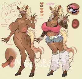 animal_genitalia animal_penis anthro areola barbell_piercing big_breasts black_bra black_clothing black_underwear blonde_hair blue_eyes bottomwear bra breasts brown_body brown_hooves clothed clothing ear_piercing ear_stud equine_genitalia equine_penis erection eyelashes eyeshadow female female_anthro front_view genitals glistening_eyelids hair hooves hotpants humanoid_genitalia humanoid_vulva legwear long_eyelashes long_hair makeup male medial_ring mouth_closed navel navel_piercing nipple_barbell nipple_dip nipple_piercing nipples nude pattern_clothing penis piercing pink_eyeshadow red_clothing red_topwear shorts simple_background solo spots spotted_clothing standing tail thong_straps topwear underwear vein veiny_penis vulva wide_hips yellow_tail admiralobster equid equine mammal 2026 dated hi_res model_sheet signature