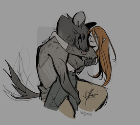 anthro bottomwear clothing duo female hair happy hug interspecies long_hair love male male/female pants tail tail_motion tailwag topwear infezmite elf gnoll humanoid hyena mammal spotted_hyena
