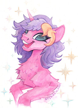 female feral hair horn looking_at_viewer open_mouth pink_body purple_hair solo star stirren hasbro my_little_pony mythology lilac_clime equid equine mammal mythological_creature mythological_equine unicorn absurd_res hi_res huge_filesize portrait traditional_media_(artwork)
