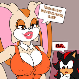 anthro big_breasts breasts clothing dialogue duo female lips male thick_lips tight_clothing soulyagami64 sega sonic_the_hedgehog_(series) cream_the_rabbit shadow_the_hedgehog