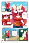 absurd_res anthro big_breasts braixen bray_(lucyfercomic) breasts butt canid clothing comic cute_fangs dialogue english_text eyes_closed fan_character female generation_6_pokemon hi_res lucyfercomic mammal may_(pokemon) nintendo open_mouth pokeball pokemon pokemon_(species) solo text