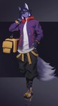 anthro black_sclera clothed clothing dreadlocks facial_markings fingerless_gloves gloves handwear head_markings hoodie male markings red_eyes simple_background solo tail topwear two_tone_tail koropatel metaru_alseif_(daiyo) canid canine dire_wolf mammal prehistoric_species