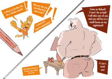 angry anthro belt clock clothed clothed_anthro clothed_male clothing dialogue duo eyewear footwear fully_clothed fully_clothed_anthro fully_clothed_male fur furniture furniture_lamp hairy_armpits jealous khaki_pants khakis lamp larger_male macro male micro orange_body orange_clothing orange_fur orange_shirt orange_topwear partially_clothed partially_clothed_anthro partially_clothed_male pencil_(object) pink_body shirt shoes size_difference smaller_male speech_box sunglasses table topless topless_anthro topless_male topwear watch wearing_sunglasses white_clothing white_footwear white_shoes wristwatch yelling dudenahuel nahuel_(dudenahuel) roy_(dudenahuel) canid canine domestic_pig mammal maned_wolf suid suine sus_(pig) yorkshire_pig 2023 absurd_res colored_sketch comic hi_res multiple_scenes sketch