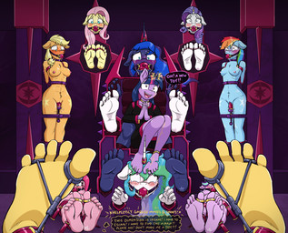 abs alternate_universe anthro areola ball_gag blonde_hair blush blush_lines bodily_fluids chair chest_tuft choker collar crotch_tuft cutie_mark dialogue digit_ring drilldo eyelashes feet female female/female foot_fetish freckled_face freckles furniture gag group hair horn humanoid_feet jewelry long_eyelashes muscular muscular_female necklace nude penetration plantigrade ring soles sweat sweatdrop tears text thought_bubble throne toe_ring toes tuft vaginal vaginal_penetration ventral_groove wings caroo equestria_girls friendship_is_magic hasbro my_little_pony mythology applejack_(mlp) fluttershy_(mlp) pinkie_pie_(mlp) princess_celestia_(mlp) princess_luna_(mlp) rainbow_dash_(mlp) rarity_(mlp) starlight_glimmer_(mlp) sunset_shimmer_(eg) twilight_sparkle_(mlp) earth_pony equid equine horse mammal mythological_creature mythological_equine pony winged_unicorn english_text hi_res