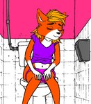 5_fingers anthro clothed clothing dispenser feces female fingers fur hair scatplay simple_background solo toilet toilet_seat unknown_artist canid canine canis fox mammal digital_media_(artwork)