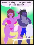 anthro armband beach bench big_breasts bikini black_border black_hair blue_clothing blue_swimming_trunks blue_swimwear blurred_background border breasts brown_hair camel_toe cleavage clothed clothing duo female flexing flexing_bicep flexing_muscles hair holding_object holding_towel huge_breasts insult magenta_bikini male messy_hair pink_eyes pose purple_body purple_tail scales seaside sharp_teeth simple_background slightly_chubby slightly_chubby_anthro slightly_chubby_female speech_bubble swimming_trunks swimwear tail taunting teeth text thick_thighs towel towel_on_lap two-piece_swimsuit wide_hips yellow_eyes yellow_teeth queen_susie shimmshamm deltarune european_mythology mythology undertale_(series) lexington_ulfric_izunia susie_(deltarune) dinosaur dragon lizard mythological_creature mythological_scalie prehistoric_species reptile scalie western_dragon wyvern absurd_res hi_res signature