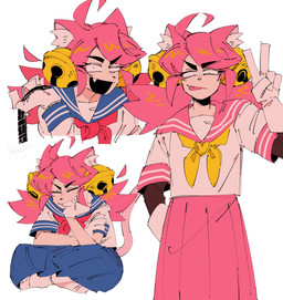 ahoge asian_clothing bangs bell blue_bottomwear blue_clothing blue_skirt bottomwear clothed clothing east_asian_clothing eyebrows fangs female fur gesture grin hair half-closed_eyes hand_gesture inner_ear_fluff japanese_clothing japanese_school_uniform jingle_bell narrowed_eyes pink_body pink_bottomwear pink_clothing pink_fur pink_hair pink_skirt red_ribbon school_uniform serafuku sharp_teeth shirt simple_background skirt smile solo tail teeth thick_eyebrows tongue tongue_out topwear tuft uniform v_sign white_background white_clothing white_inner_ear_fluff white_shirt white_topwear yellow_ribbon kkupii undertale undertale_(series) mad_mew_mew animal_humanoid felid felid_humanoid feline feline_humanoid humanoid mammal mammal_humanoid 2025 hi_res multiple_images