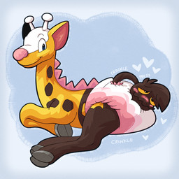 abdl ambiguous_gender antlers blush blush_lines blushing_profusely brown_body brown_fur clothed clothing cloven_hooves diaper feral fur heart_reaction heart_symbol hearts_around_head hooves horn living_tail onomatopoeia smile smiling_at_another solo sound_effects spikes spikes_(anatomy) tail tail_head text unusual_anatomy unusual_tail wearing_diaper yellow_body yellow_fur trevor-fox nintendo pokemon kyp_(character) trevor-fox_(character) generation_2_pokemon girafarig pokemon_(species) 1:1 hi_res
