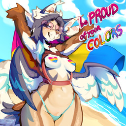 anthro beach biped breasts cloud day eyewear feathers female front_view fur genitals glasses hair looking_at_viewer navel outside sea sky smile solo standing tail teeth vulva water wings cocoline_(artist) avian bird domestic_cat felid feline felis hybrid mammal 2026 absurd_res digital_drawing_(artwork) digital_media_(artwork) hi_res